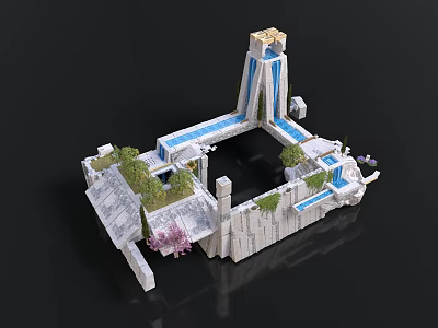 3D Decorative Scene Structure With Waterfall Pool Plants And Stone Platforms 3d model