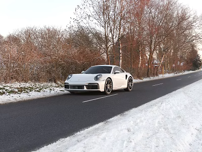 White Porsche Sports Car Parked On Snowy Winter Road With Trees And Snowy Surroundings 3d model