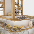 Commercial Retail Food Display Equipment With Wooden Shelves Coffee Beans Jars Fruits And Bread