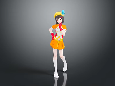 Standing Anime Character Wearing Yellow Hat Blue Decoration Orange Dress And Red Gloves 3d model
