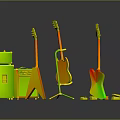 Various Colored Electric Guitars Amplifiers And Effect Pedals Music Equipment