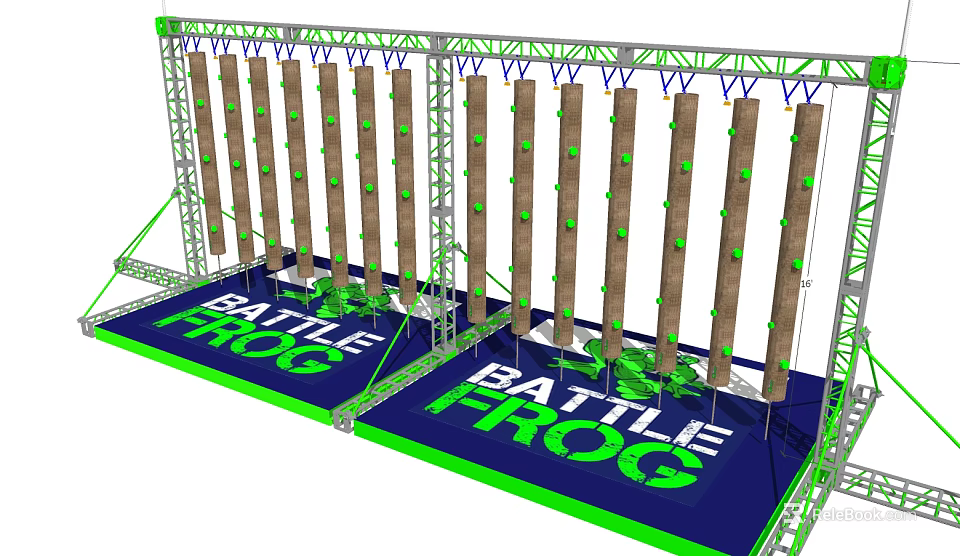 Battle Frog Obstacle Course Equipment With Climbing Poles Metal Frame And Green Blue Surface 3d model 