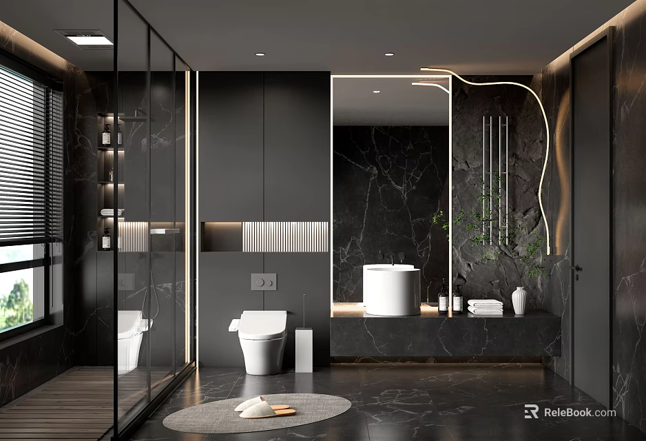 Modern Bathroom Interior Design With Freestanding Bathtub Large Mirror And Marble Walls 3d model 
