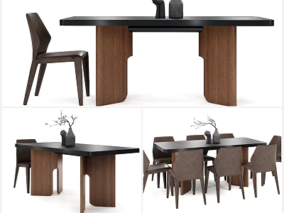 Modern Dining Table Set With Black Tabletop Wooden Legs And Brown Chairs 3d model