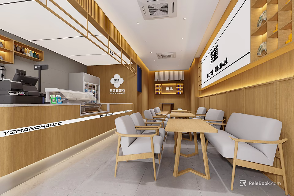 Modern Bubble Tea Shop Interior With Wooden Tables Chairs And Counter 3d model 