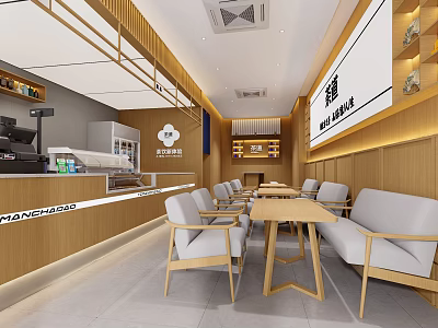 Modern Bubble Tea Shop Interior With Wooden Tables Chairs And Counter 3d model