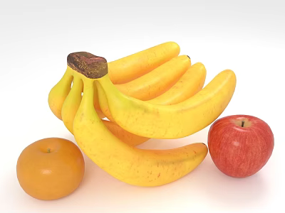 Fresh Ripe Yellow Bananas Red Apple And Orange On White Background 3d model