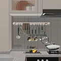 Wall Mounted Kitchen Utensils Rack With Hanging Spatulas Ladles Strainer And Tile Backsplash 3d model