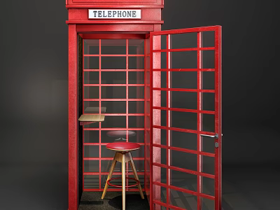 Red Telephone Booth Public Facility With Glass Door And Wooden Stool 3d model