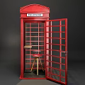 Red Telephone Booth Public Facility With Glass Door And Wooden Stool