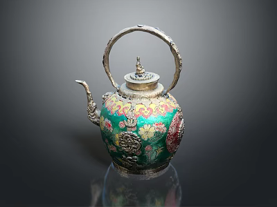 Traditional Chinese Teapot with Silver Handle Colorful Enamel and Intricate Floral Patterns 3d model