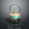 Traditional Chinese Teapot with Silver Handle Colorful Enamel and Intricate Floral Patterns
