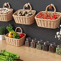 Wicker Baskets For Kitchen Storage With Fresh Vegetables Spice Jars And Herbs On Wooden Counter