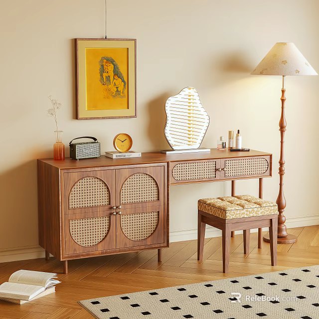 Wooden Dresser with Rattan Doors Padded Stool Floor Lamp Decorative Mirror and Small Decor 3d model 