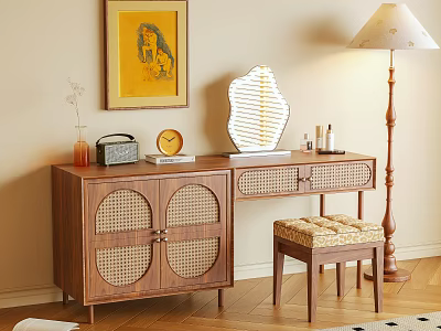 Wooden Dresser with Rattan Doors Padded Stool Floor Lamp Decorative Mirror and Small Decor 3d model