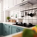 Modern White and Teal Kitchen Cabinets with Tiled Walls and Cooking Utensils