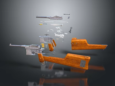 Disassembled Firearm 3D Model Display With Wooden Grips Magazine Barrel Components 3d model