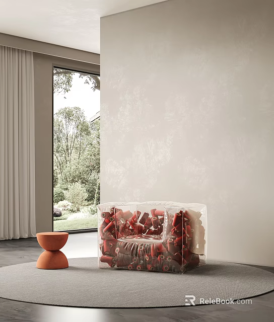 Single Seater Sofa in Transparent Casing With Orange Stool Large Window and Outdoor Greenery 3d model 