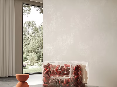 Single Seater Sofa in Transparent Casing With Orange Stool Large Window and Outdoor Greenery 3d model