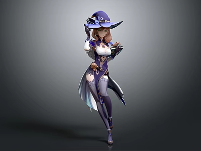 Game Fantasy Female Mage Character With Purple Outfit And Decorated Witch Hat 3d model