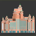 Elegant Pink Green Palace Architectural Model With Multiple Towers Dome Arches And Reflection