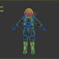 Detailed Space Suit Character In Green Brown Armor With Gold Helmet Backpack And Gear