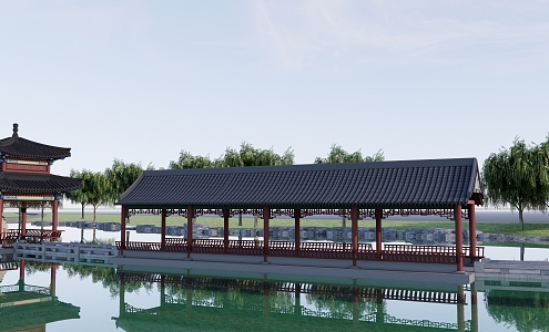 Chinese Long Corridor Royal Garden Water Pavilion 3d model