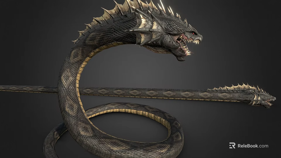 Fantasy Giant Horned Scaled Serpent With Coiled Body Open Mouth Sharp Fangs Back Spikes 3d model 