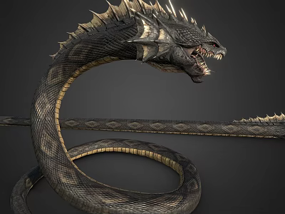 Fantasy Giant Horned Scaled Serpent With Coiled Body Open Mouth Sharp Fangs Back Spikes 3d model