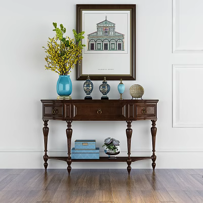Dark Wooden Console Table With Blue Vase Yellow Flowers Books On Shelf And Wall Art 3d model