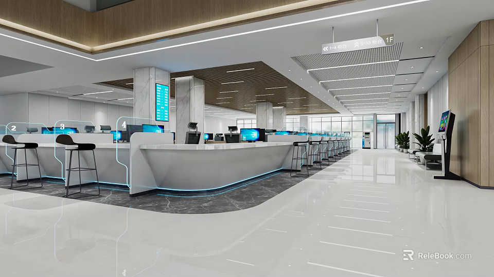 Modern Service Hall Interior Design With Spacious Area Service Counters Computers Chairs And Screens 3d model