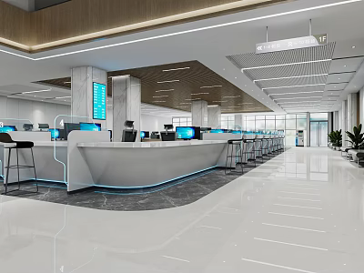 Modern Service Hall Interior Design With Spacious Area Service Counters Computers Chairs And Screens 3d model