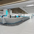 Modern Service Hall Interior Design With Spacious Area Service Counters Computers Chairs And Screens 3d model
