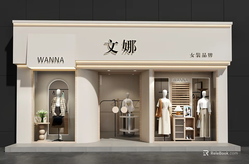 Modern Women's Clothing Storefront With WANNA Brand Signage And Window Display Mannequins 3d model 