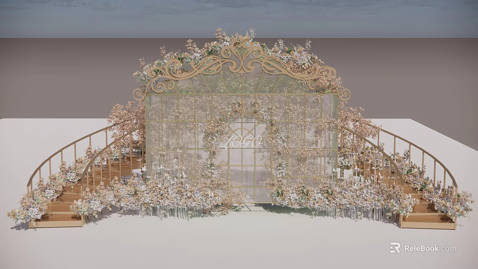 Elegant Golden Wedding Arch With Floral Decorations White Flowers And Staircase 3d model 