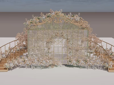 Elegant Golden Wedding Arch With Floral Decorations White Flowers And Staircase 3d model