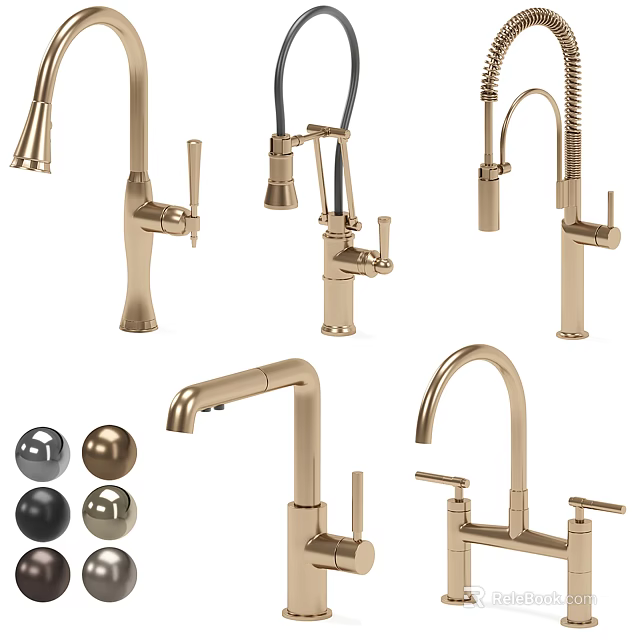Different Styles of Modern Brass Kitchen Faucets with Decorative Knobs and Sleek Designs 3d model 
