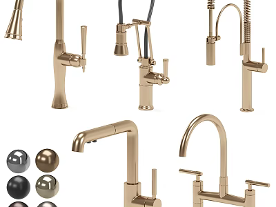Different Styles of Modern Brass Kitchen Faucets with Decorative Knobs and Sleek Designs 3d model