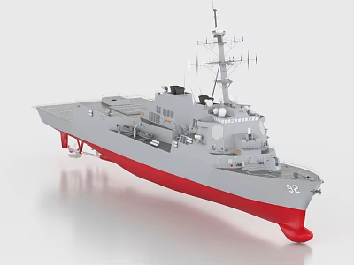 Modern Gray Naval Destroyer Warship 3D Model with Red Hull and Number 92 Design 3d model