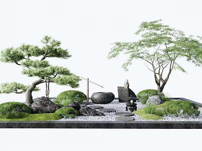 Japanese Courtyard Garden with Pine Tree Rocks Flowing Water Moss and Small Stone Statue 3d model