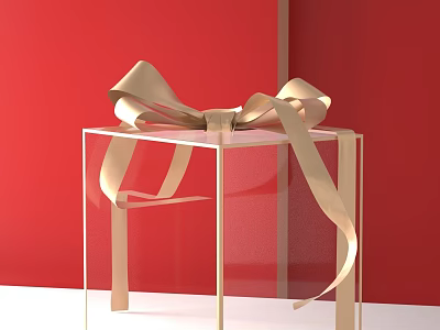 Elegant Clear Acrylic Gift Box with Golden Bow on Red Background 3d model