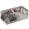 Cozy Modern Children's Bed With Velvet Upholstered Vertical Striped Headboard And Soft Pillows And Blankets