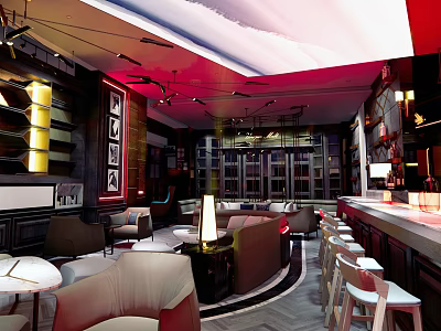 Stylish Modern Bar Interior With Leather Seats And Wooden Bar Counter 3d model