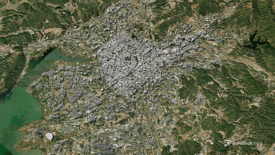Satellite View Of Urban City Area Surrounded By Green Mountains And Natural Landscapes 3d model 