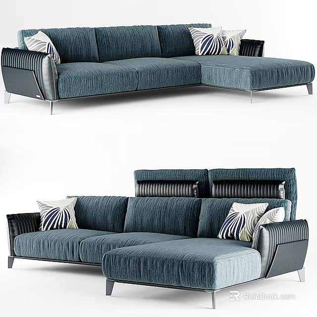 Modern L Shaped Sectional Sofa With Dark Blue Fabric Black Armrests And Decorative Pillows 3d model 
