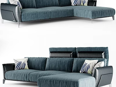 Modern L Shaped Sectional Sofa With Dark Blue Fabric Black Armrests And Decorative Pillows 3d model