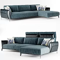 Modern L Shaped Sectional Sofa With Dark Blue Fabric Black Armrests And Decorative Pillows