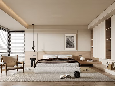 Modern Minimalist Bedroom Interior With Comfortable Bed Artwork Wooden Cabinets And Window Blinds 3d model