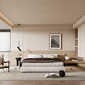 Modern Minimalist Bedroom Interior With Comfortable Bed Artwork Wooden Cabinets And Window Blinds