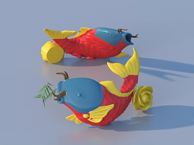 Red Blue Yellow Fish Shaped Ornament Decoration Set With Yellow Rose Green Grass Round Base 3d model
